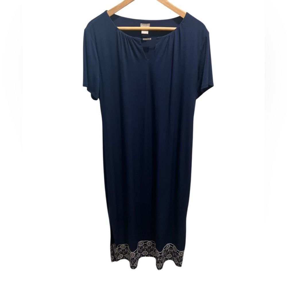 Chico’s Navy Blue Shift Dress Paisley Hem Short Sleeve Stretch Size 2 (12/14)